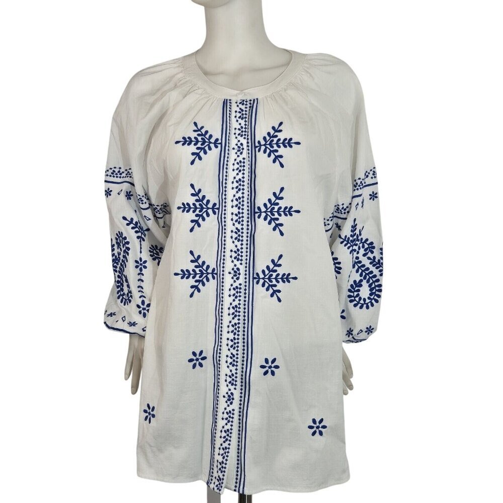 Calessa Women's Size XL White Blue Embroidered Crew Neck 3/4 Sleeve Tunic (27)